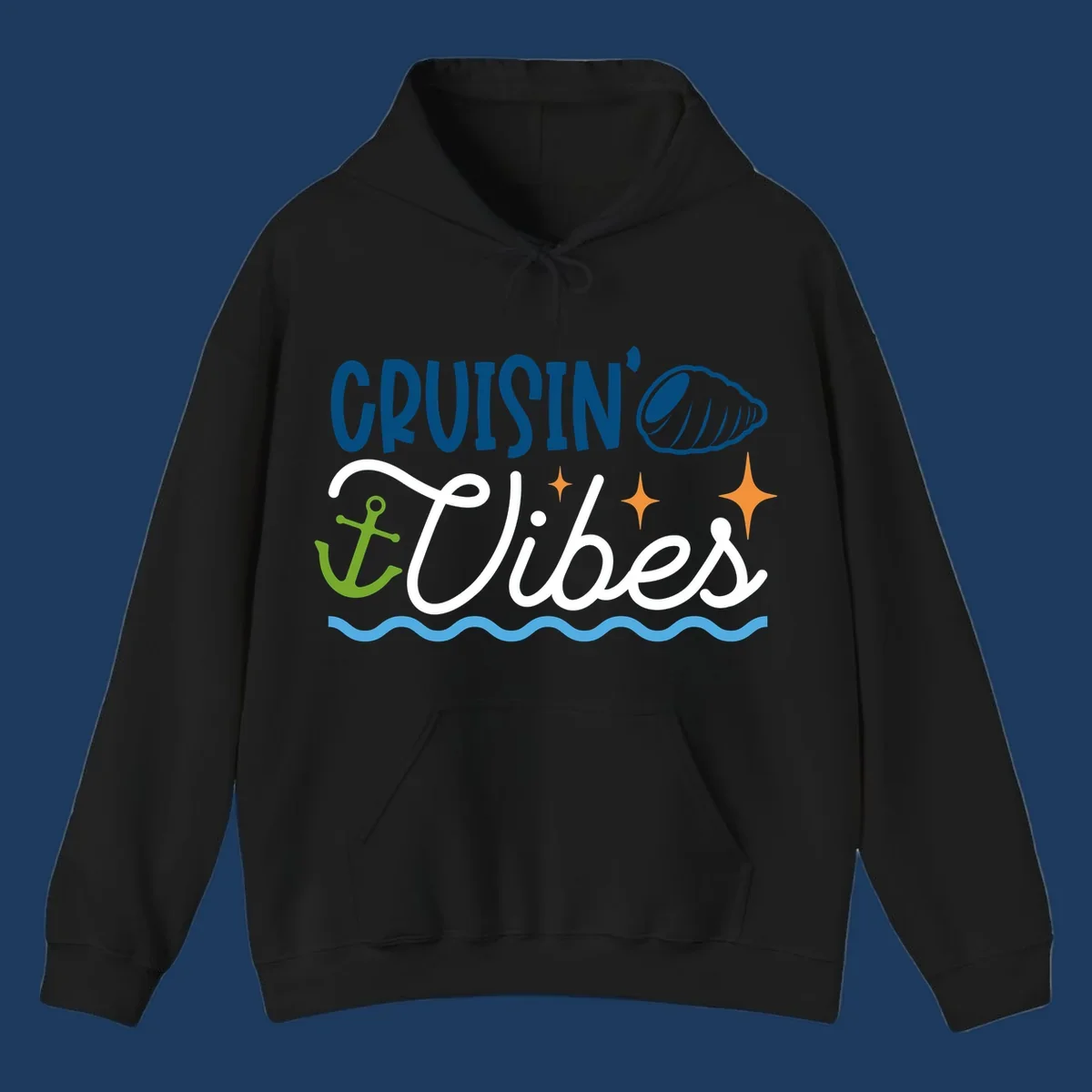 Cruisin vibes nautical design with seashell, anchor, stars, and ocean waves on gray background