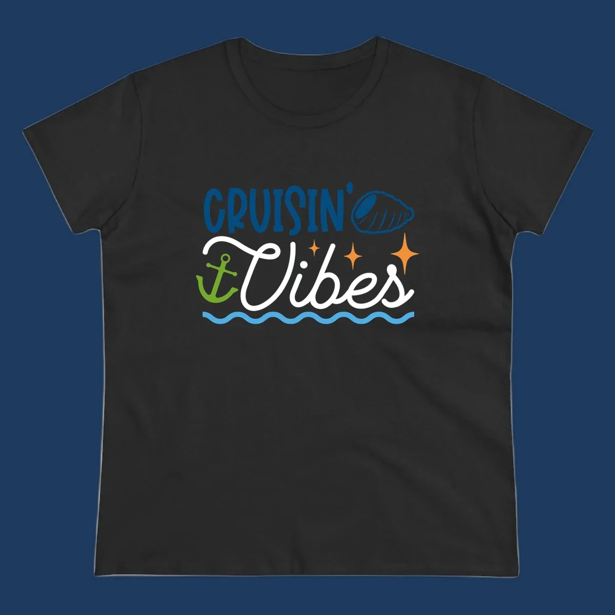 Cruisin vibes nautical design with seashell, anchor, stars, and ocean waves on gray background