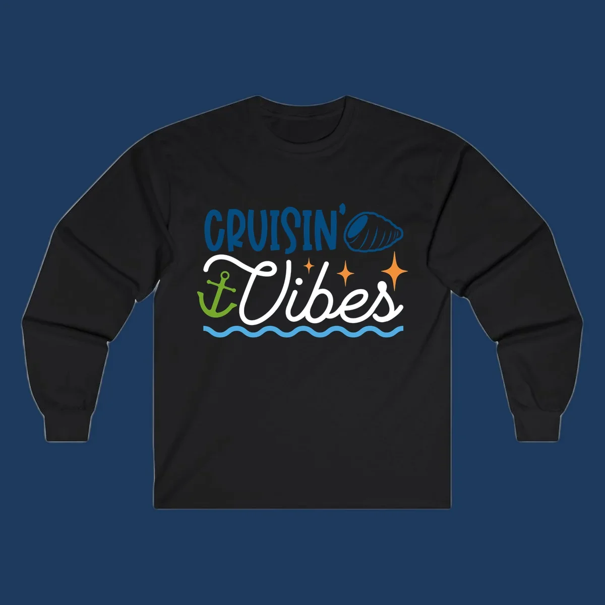 Cruisin vibes nautical design with seashell, anchor, stars, and ocean waves on gray background
