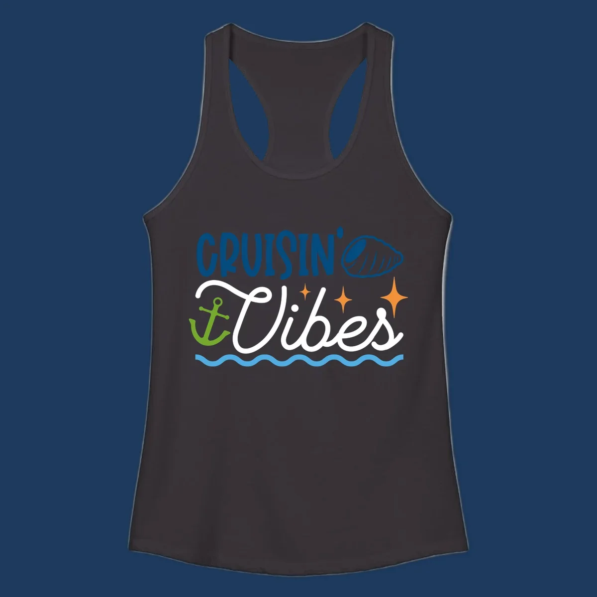 Cruisin vibes nautical design with seashell, anchor, stars, and ocean waves on gray background