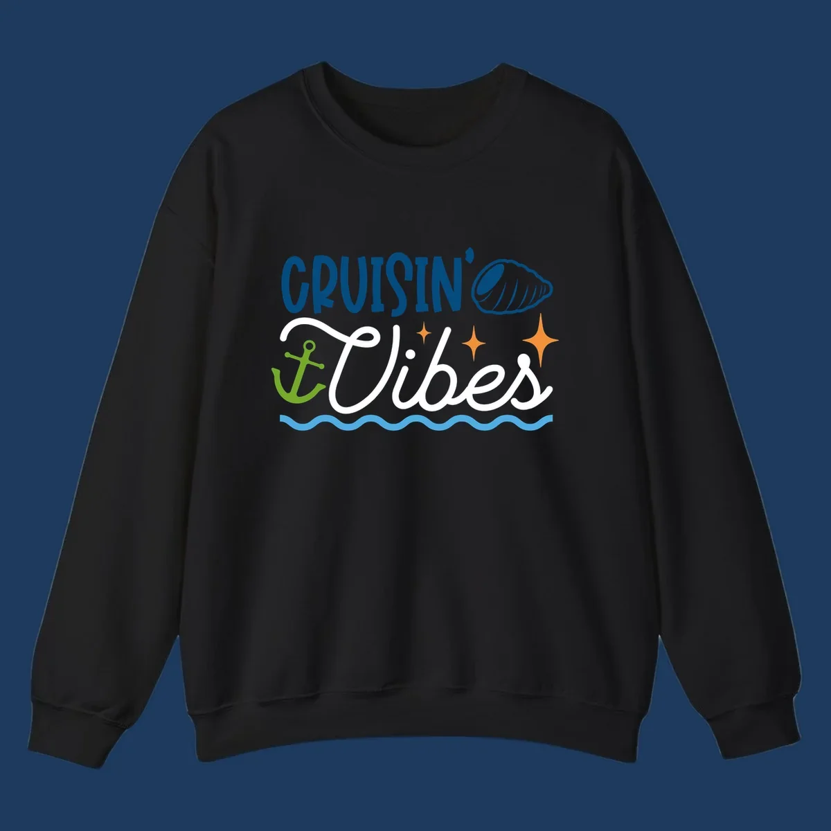 Cruisin vibes nautical design with seashell, anchor, stars, and ocean waves on gray background