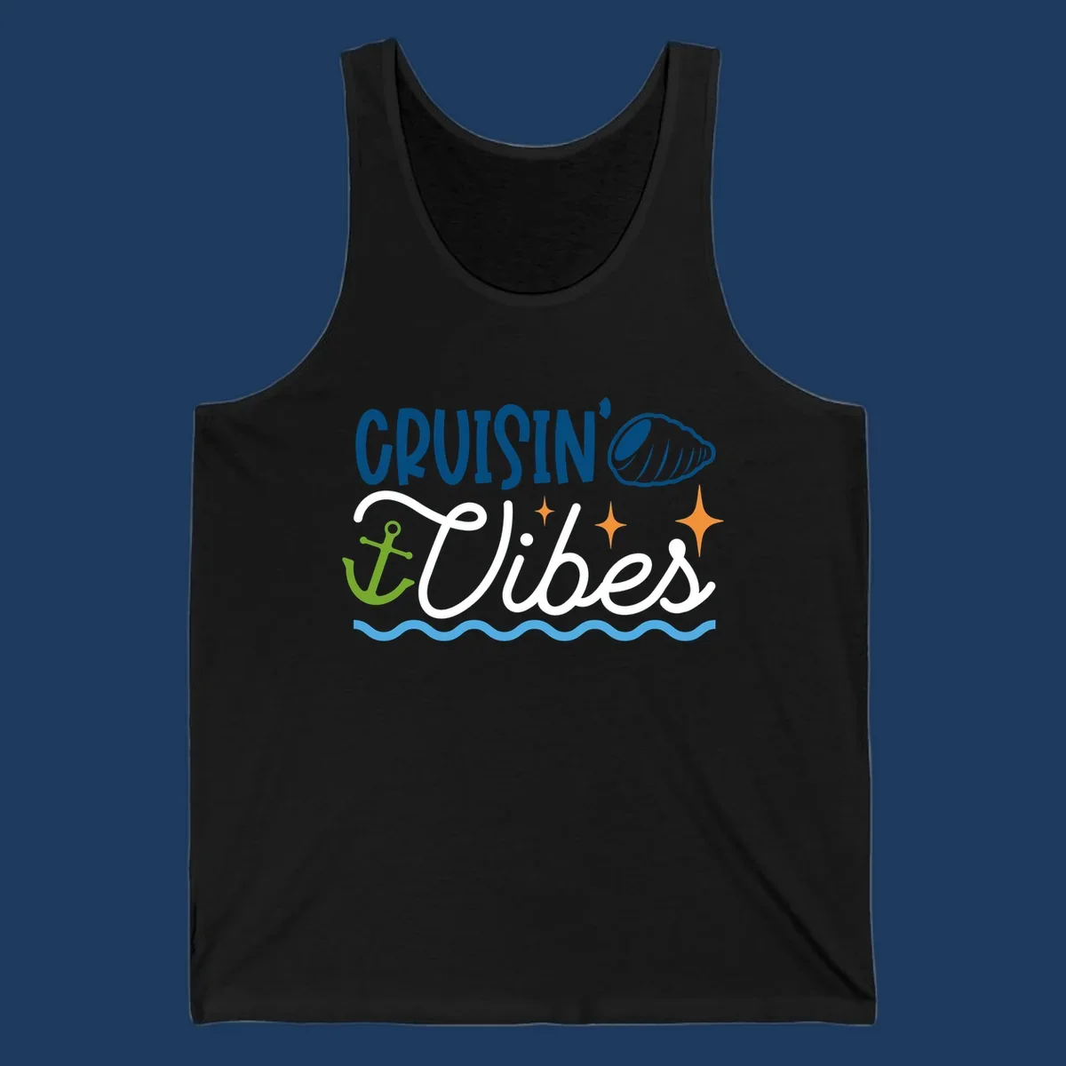 Cruisin vibes nautical design with seashell, anchor, stars, and ocean waves on gray background