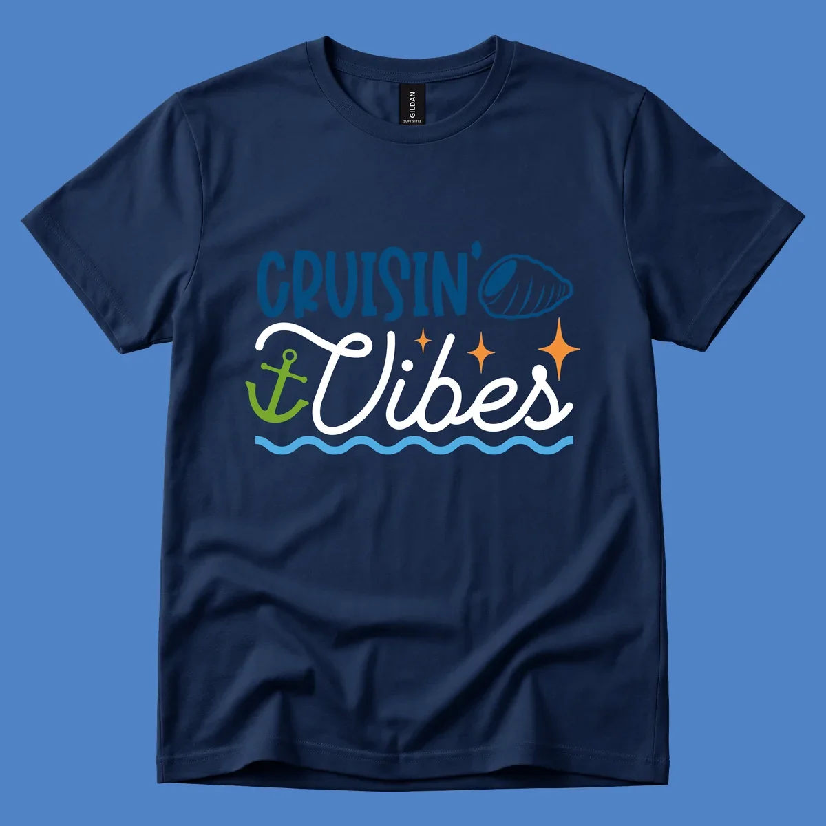 Cruisin vibes nautical design with seashell, anchor, stars, and ocean waves on gray background