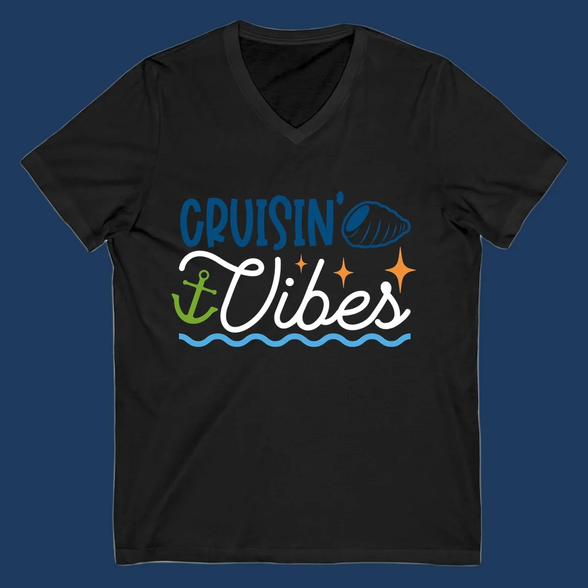 Cruisin vibes nautical design with seashell, anchor, stars, and ocean waves on gray background