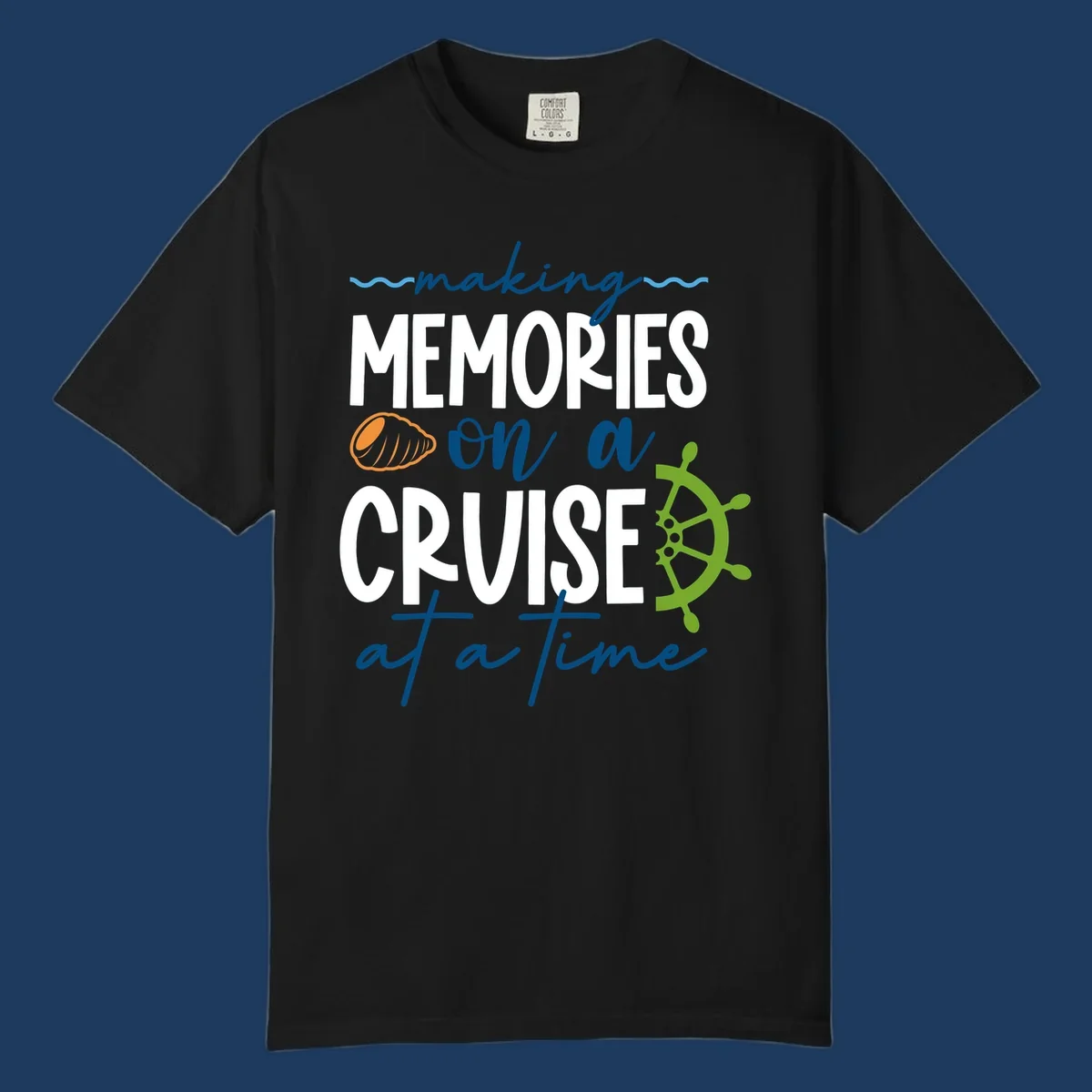 Making memories on a cruise design with seashell, ship wheel, and nautical wavy lines on gray background