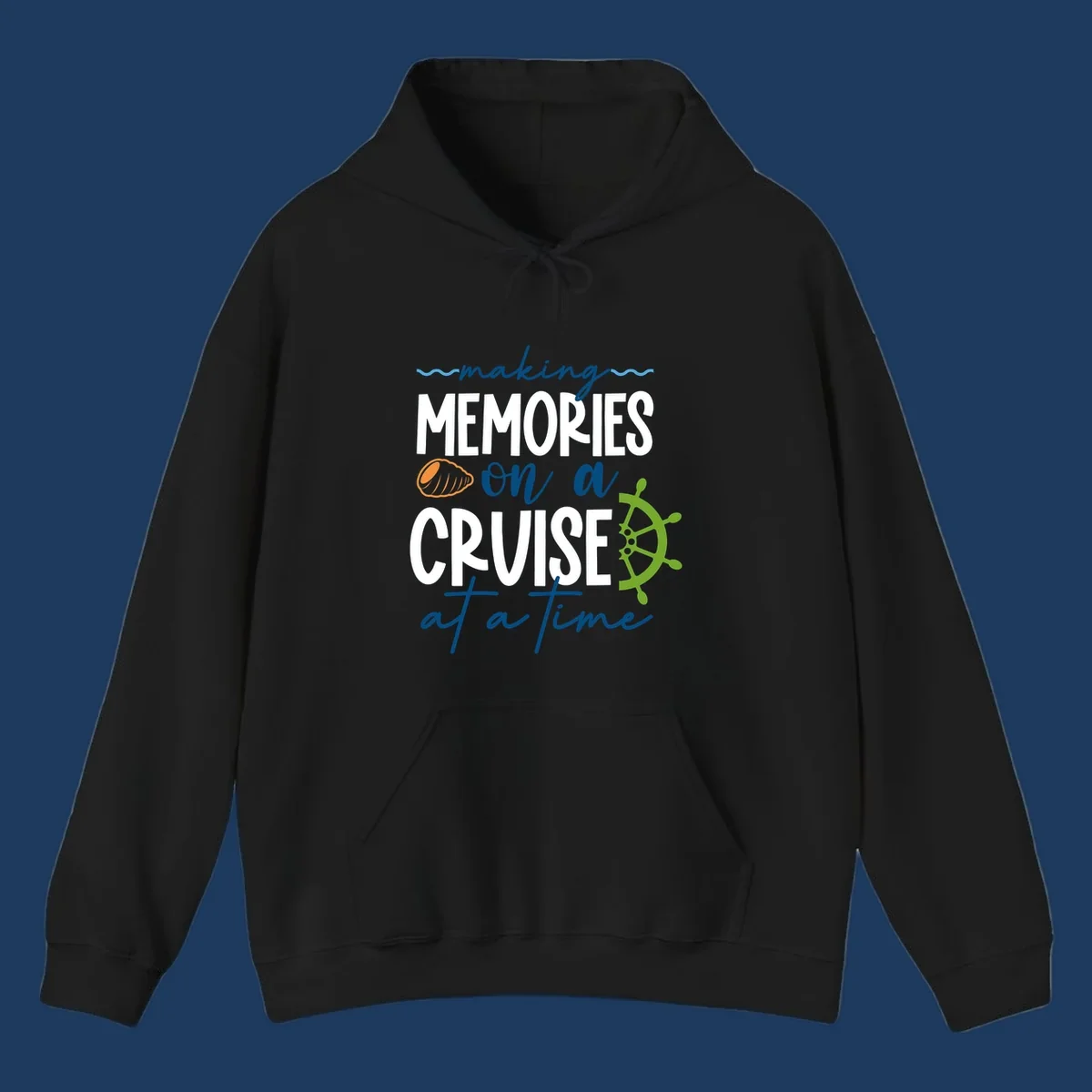 Making memories on a cruise design with seashell, ship wheel, and nautical wavy lines on gray background