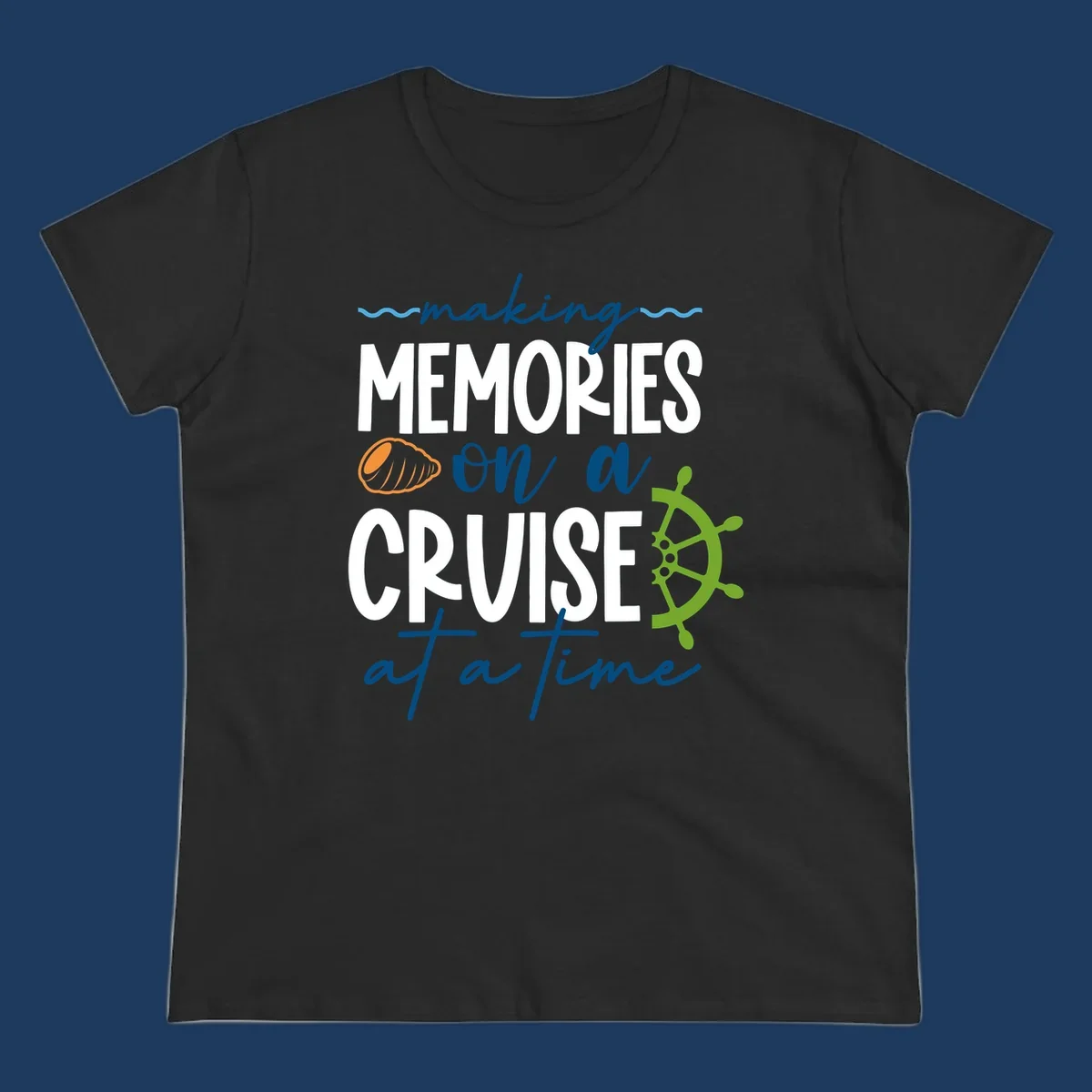 Making memories on a cruise design with seashell, ship wheel, and nautical wavy lines on gray background