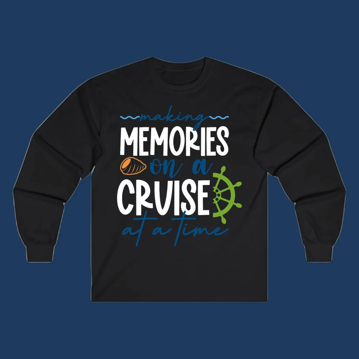 Making memories on a cruise design with seashell, ship wheel, and nautical wavy lines on gray background