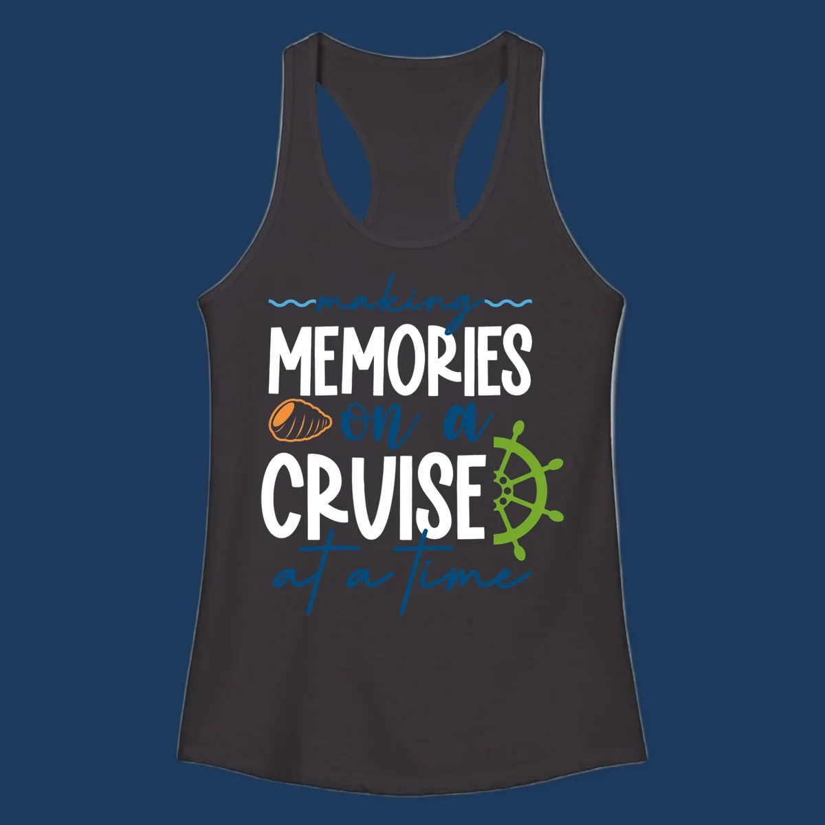 Making memories on a cruise design with seashell, ship wheel, and nautical wavy lines on gray background