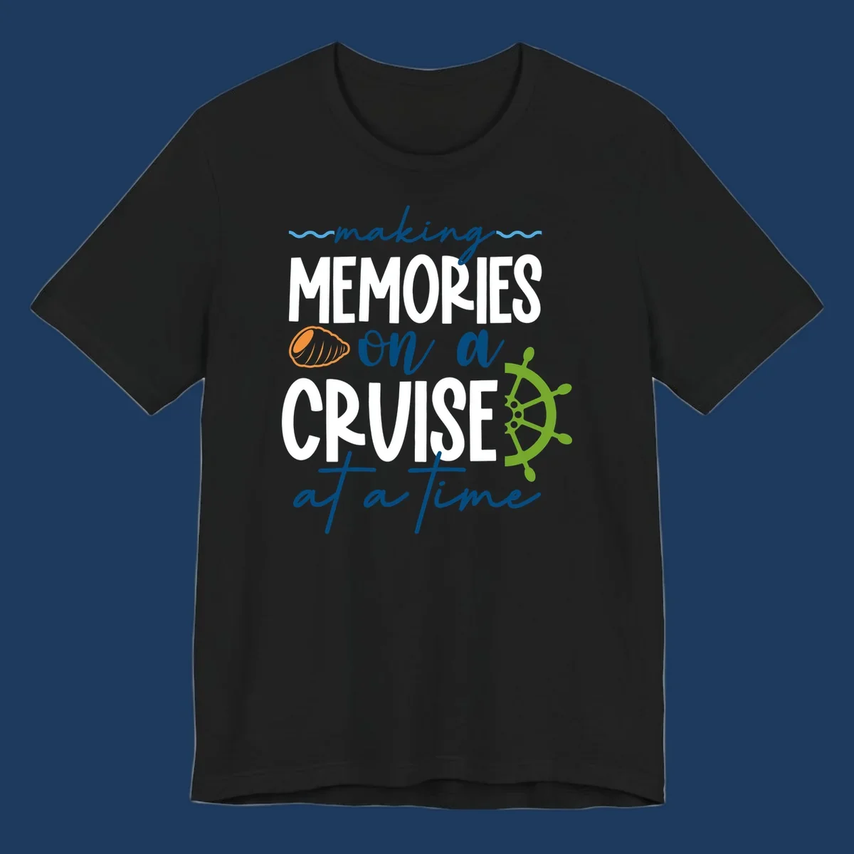 Making memories on a cruise design with seashell, ship wheel, and nautical wavy lines on gray background