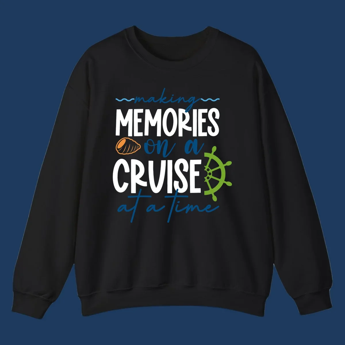 Making memories on a cruise design with seashell, ship wheel, and nautical wavy lines on gray background