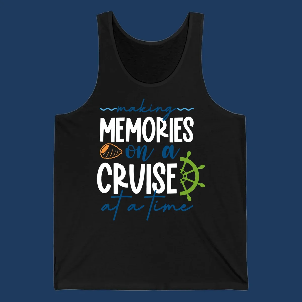 Making memories on a cruise design with seashell, ship wheel, and nautical wavy lines on gray background