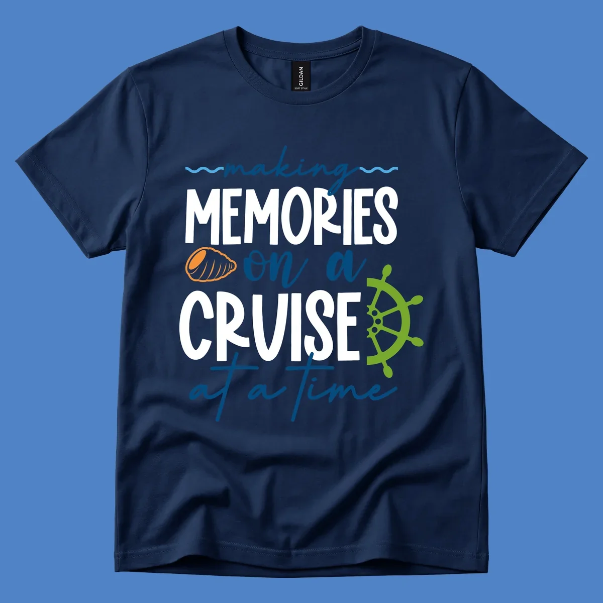 Making memories on a cruise design with seashell, ship wheel, and nautical wavy lines on gray background