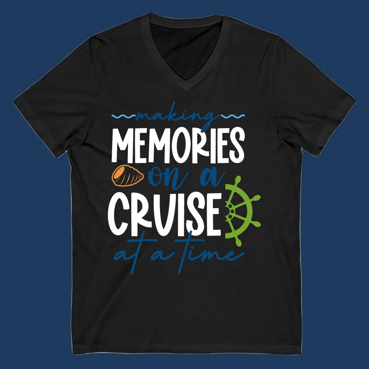 Making memories on a cruise design with seashell, ship wheel, and nautical wavy lines on gray background