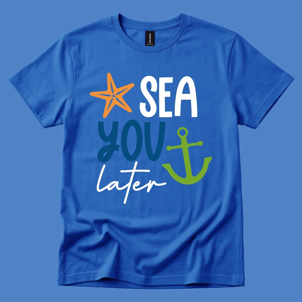 Sea you later cruise design with orange starfish, blue text, and green anchor on gray background