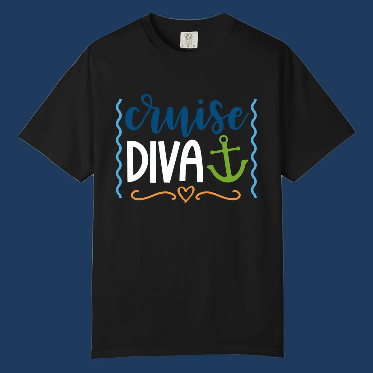 Cruise Diva design with bold white text, blue cursive lettering, green anchor, and decorative ocean-themed elements on gray background