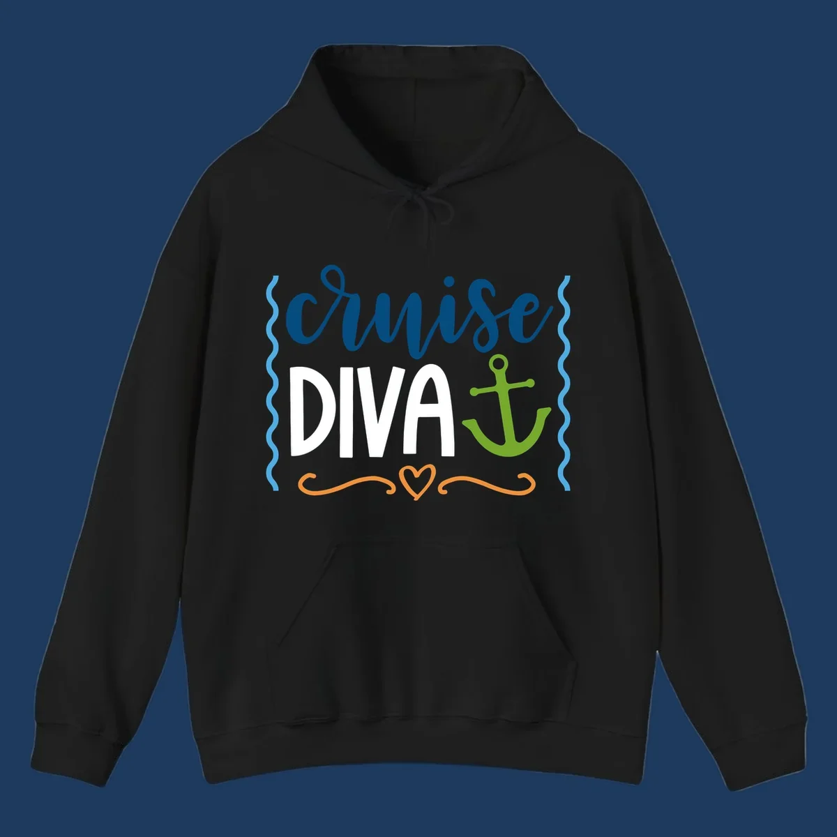 Cruise Diva design with bold white text, blue cursive lettering, green anchor, and decorative ocean-themed elements on gray background