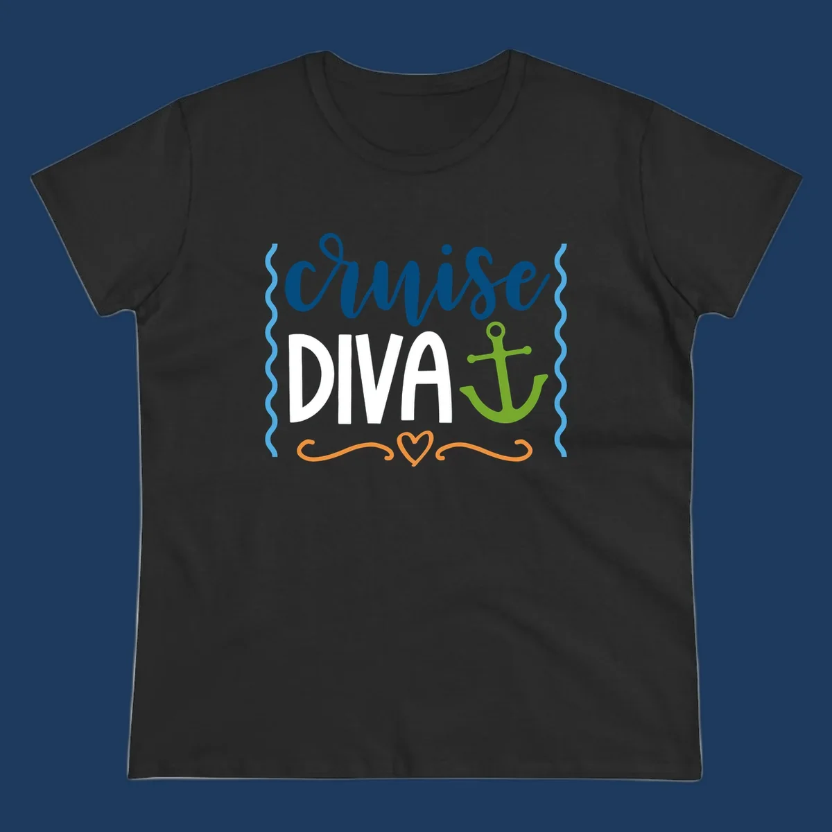 Cruise Diva design with bold white text, blue cursive lettering, green anchor, and decorative ocean-themed elements on gray background