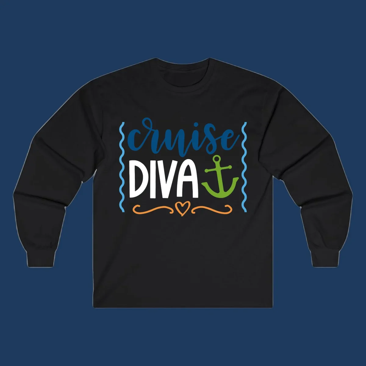 Cruise Diva design with bold white text, blue cursive lettering, green anchor, and decorative ocean-themed elements on gray background