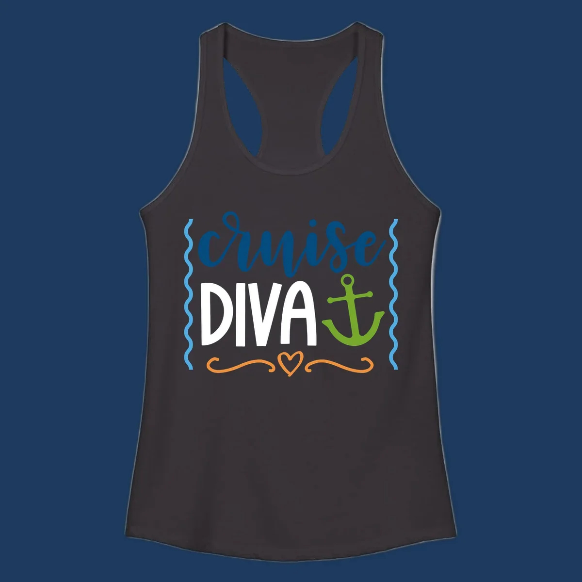 Cruise Diva design with bold white text, blue cursive lettering, green anchor, and decorative ocean-themed elements on gray background