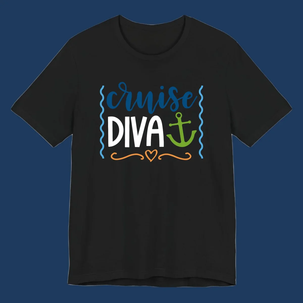 Cruise Diva design with bold white text, blue cursive lettering, green anchor, and decorative ocean-themed elements on gray background