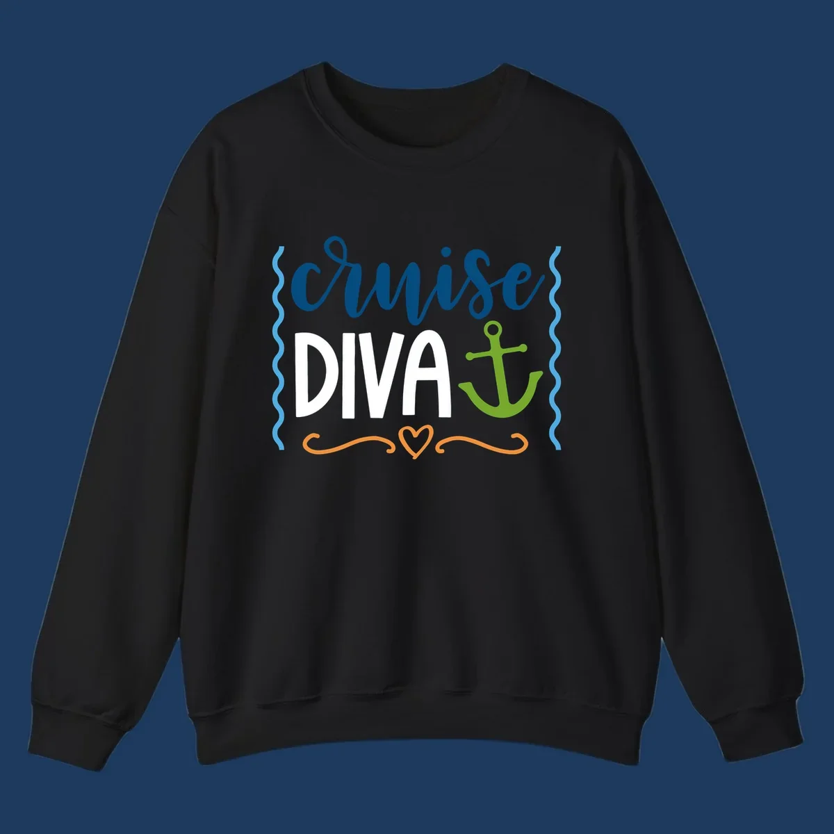 Cruise Diva design with bold white text, blue cursive lettering, green anchor, and decorative ocean-themed elements on gray background