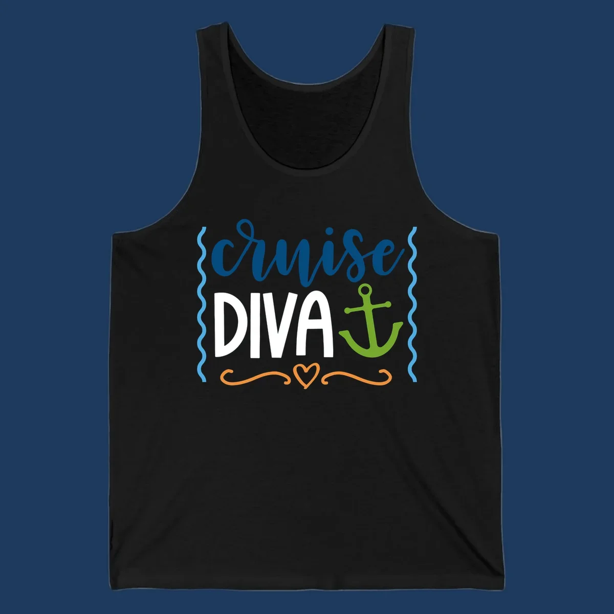 Cruise Diva design with bold white text, blue cursive lettering, green anchor, and decorative ocean-themed elements on gray background