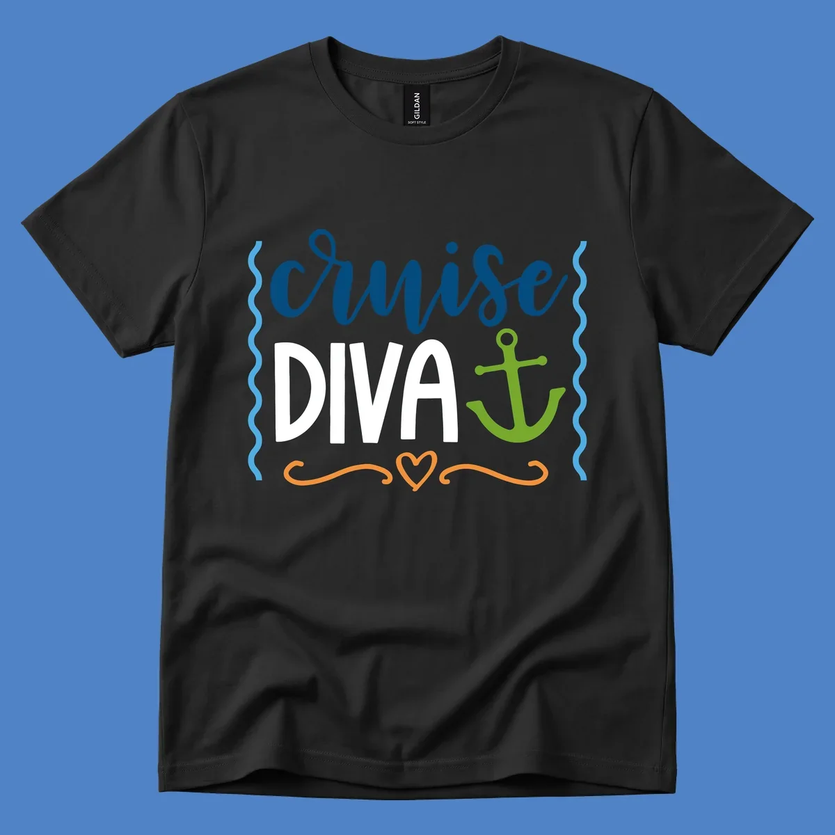 Cruise Diva design with bold white text, blue cursive lettering, green anchor, and decorative ocean-themed elements on gray background