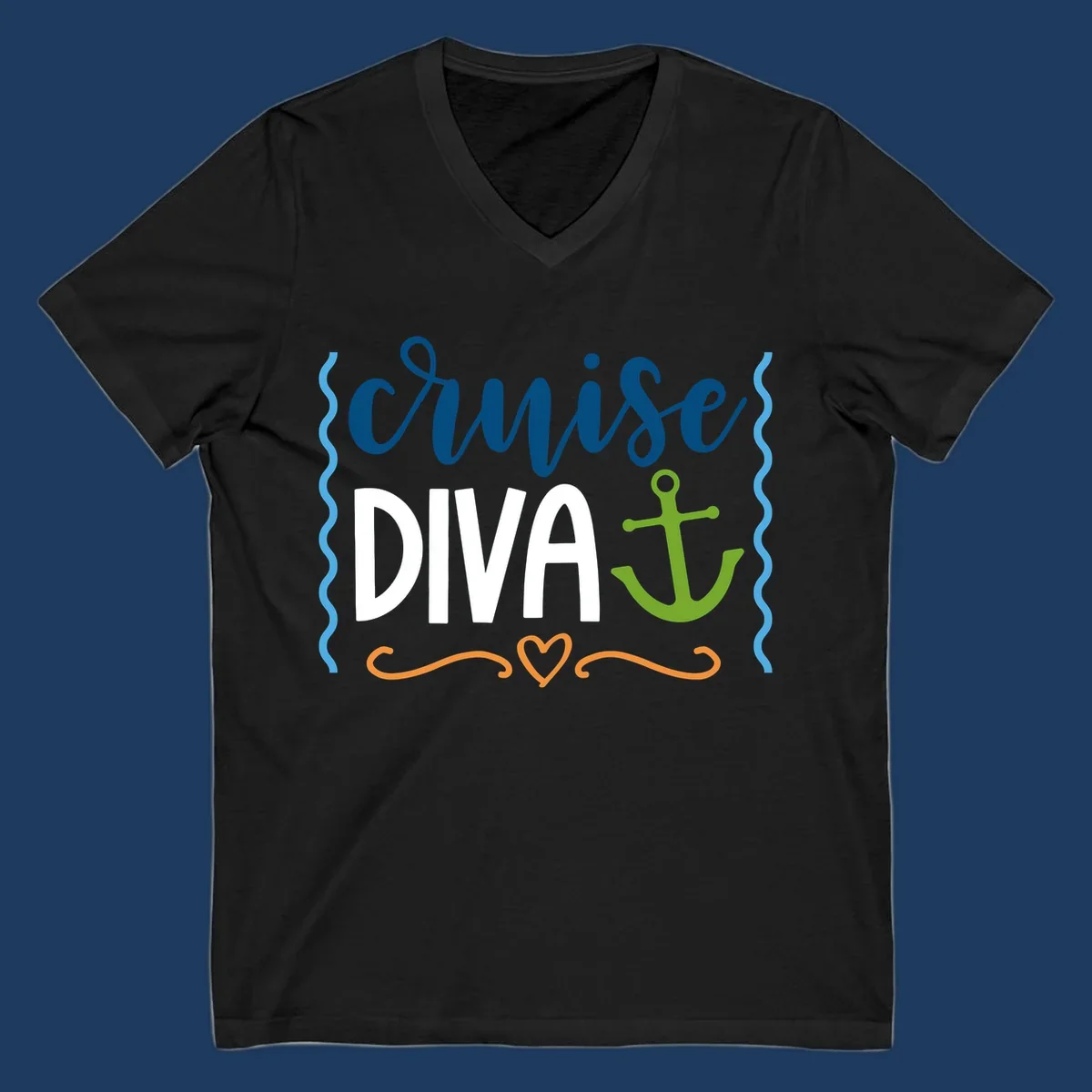 Cruise Diva design with bold white text, blue cursive lettering, green anchor, and decorative ocean-themed elements on gray background