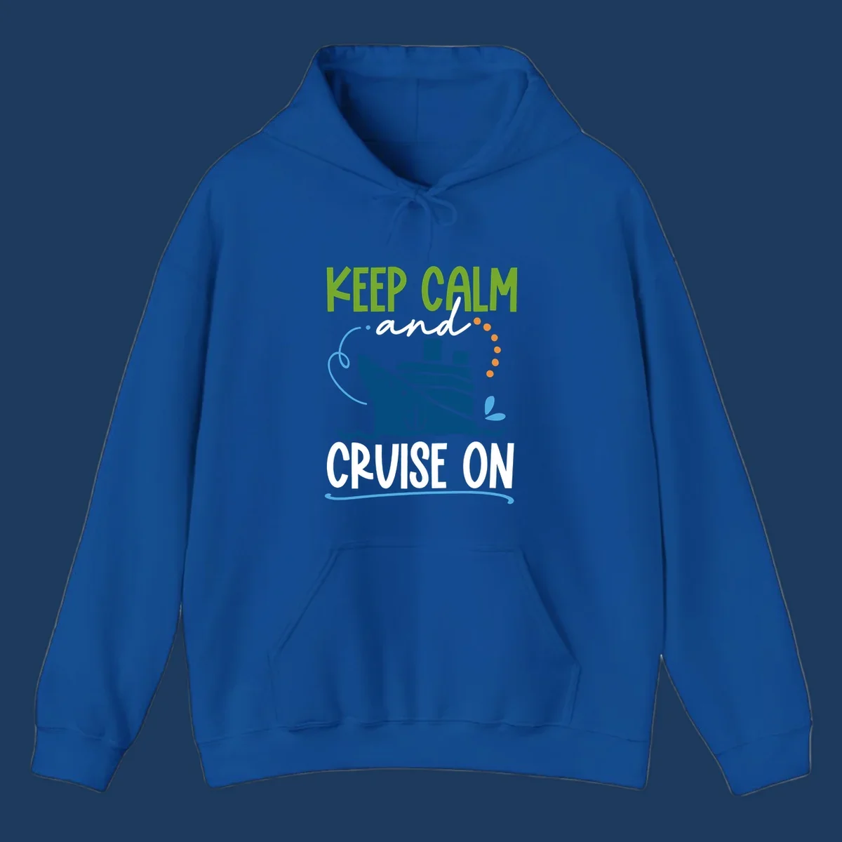 Keep Calm and Cruise On design with illustrated cruise ship, anchor, and ocean waves in lime green, blue, and white