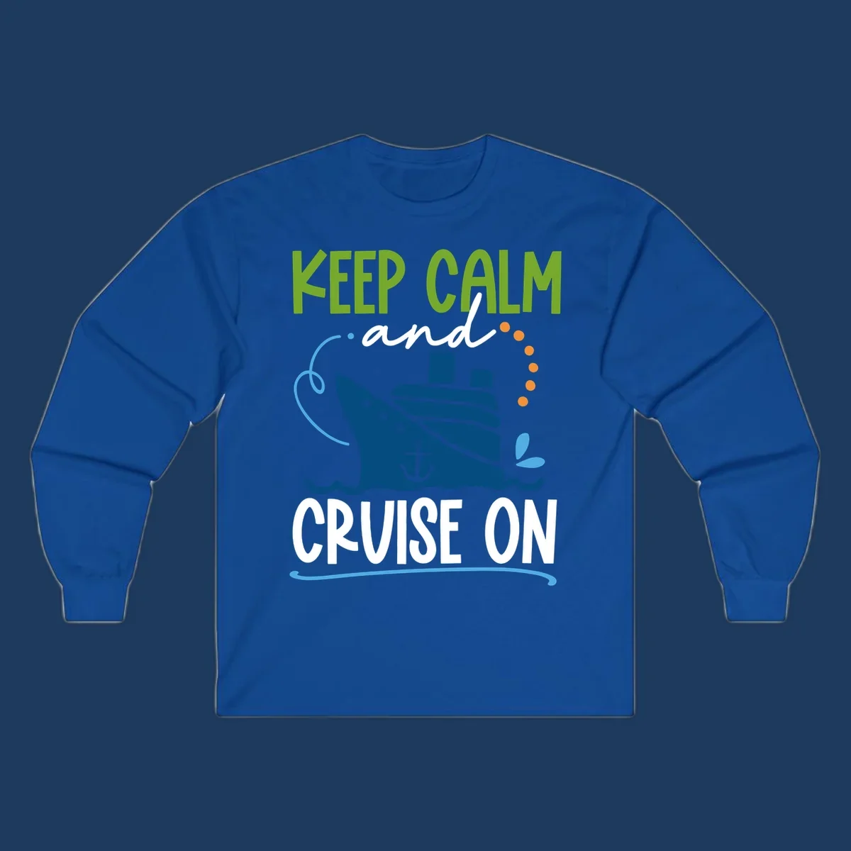 Keep Calm and Cruise On design with illustrated cruise ship, anchor, and ocean waves in lime green, blue, and white