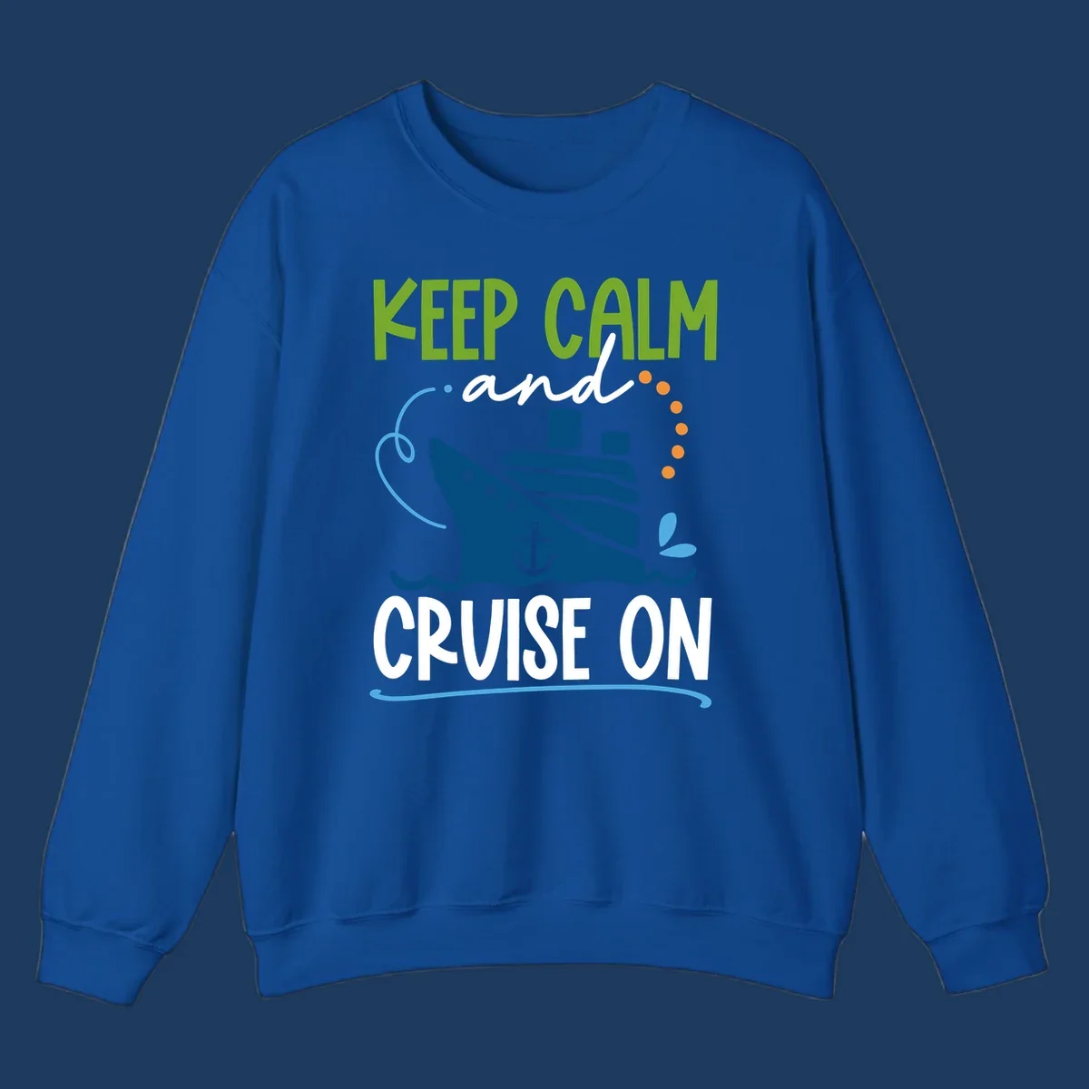 Keep Calm and Cruise On design with illustrated cruise ship, anchor, and ocean waves in lime green, blue, and white