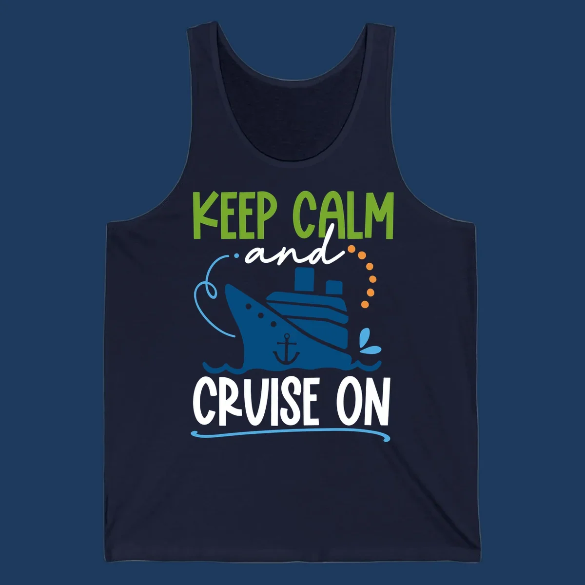 Keep Calm and Cruise On design with illustrated cruise ship, anchor, and ocean waves in lime green, blue, and white