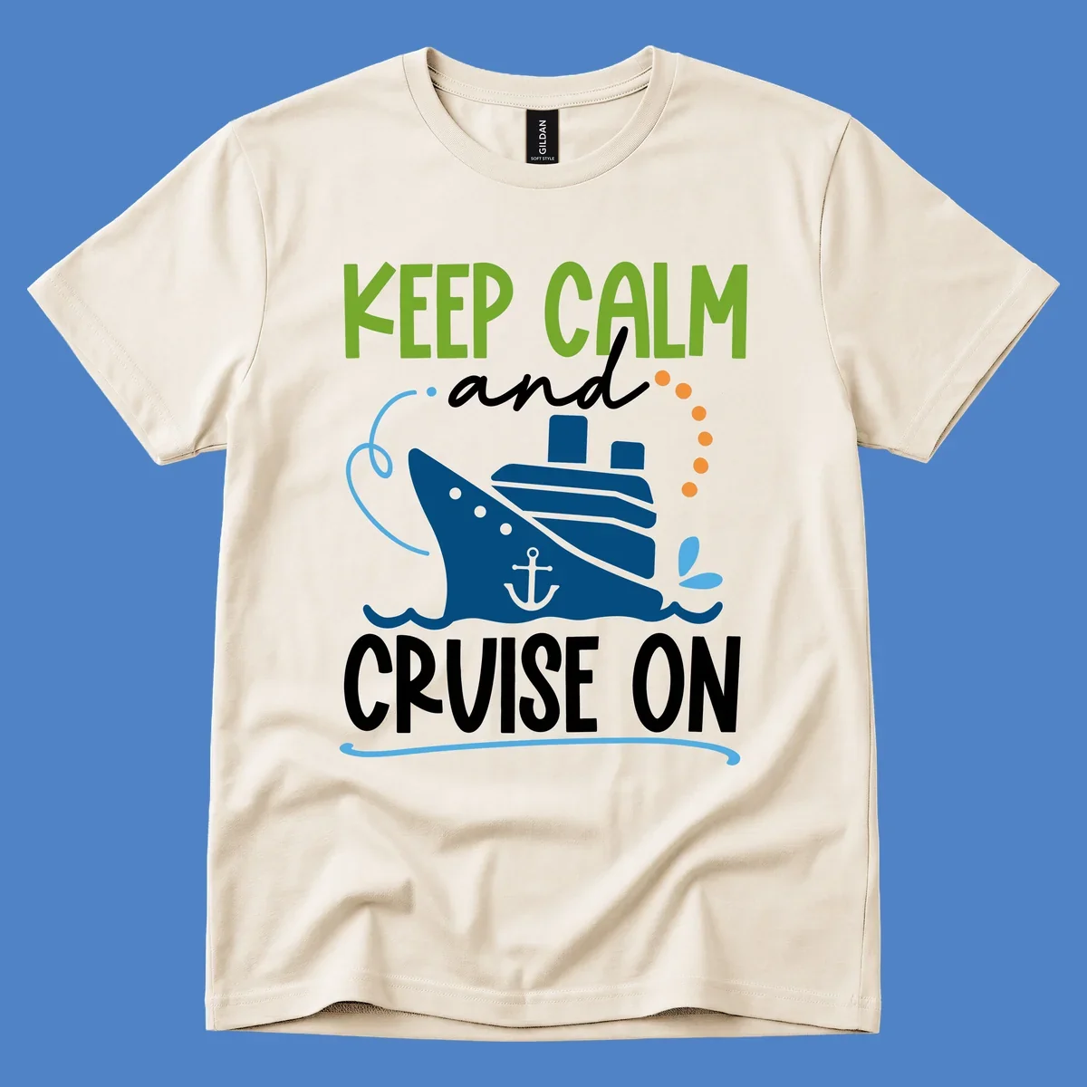 Keep Calm and Cruise On design with illustrated cruise ship, anchor, and ocean waves in lime green, blue, and white