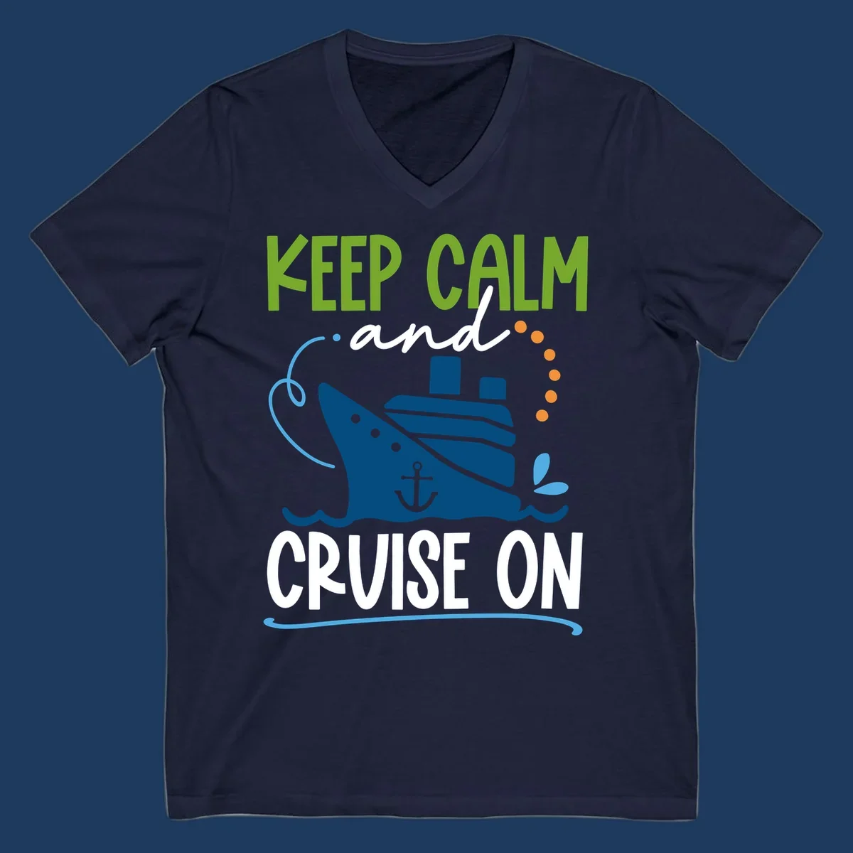 Keep Calm and Cruise On design with illustrated cruise ship, anchor, and ocean waves in lime green, blue, and white