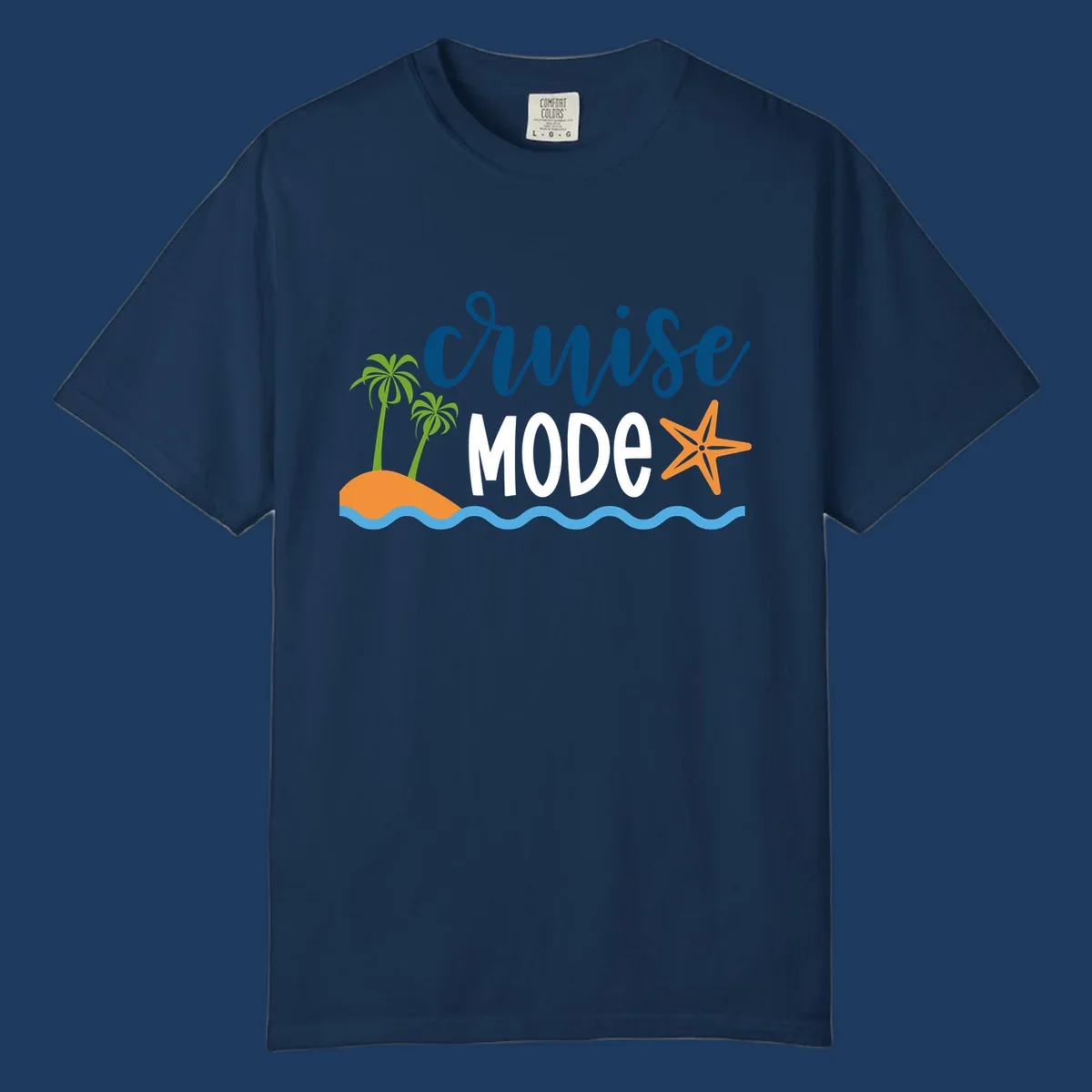 Cruise mode tropical beach design with palm trees, starfish, and ocean waves in blue, white, and orange
