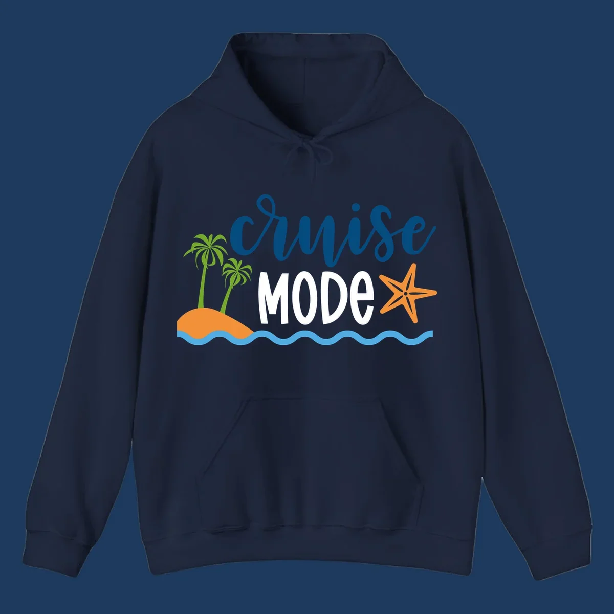 Cruise mode tropical beach design with palm trees, starfish, and ocean waves in blue, white, and orange
