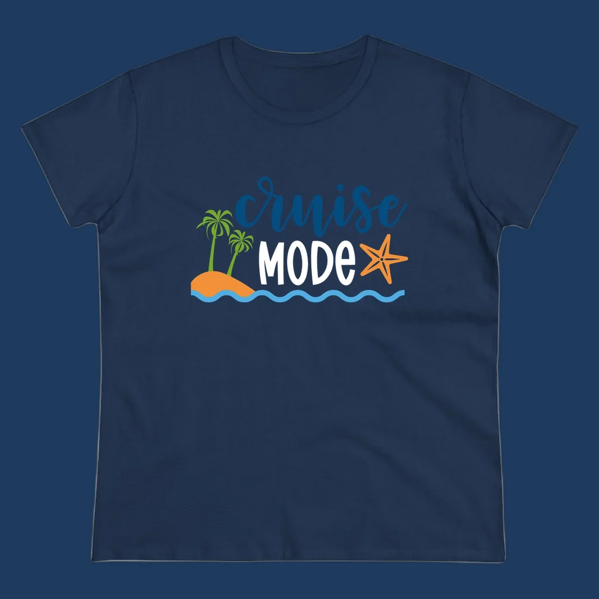 Cruise mode tropical beach design with palm trees, starfish, and ocean waves in blue, white, and orange