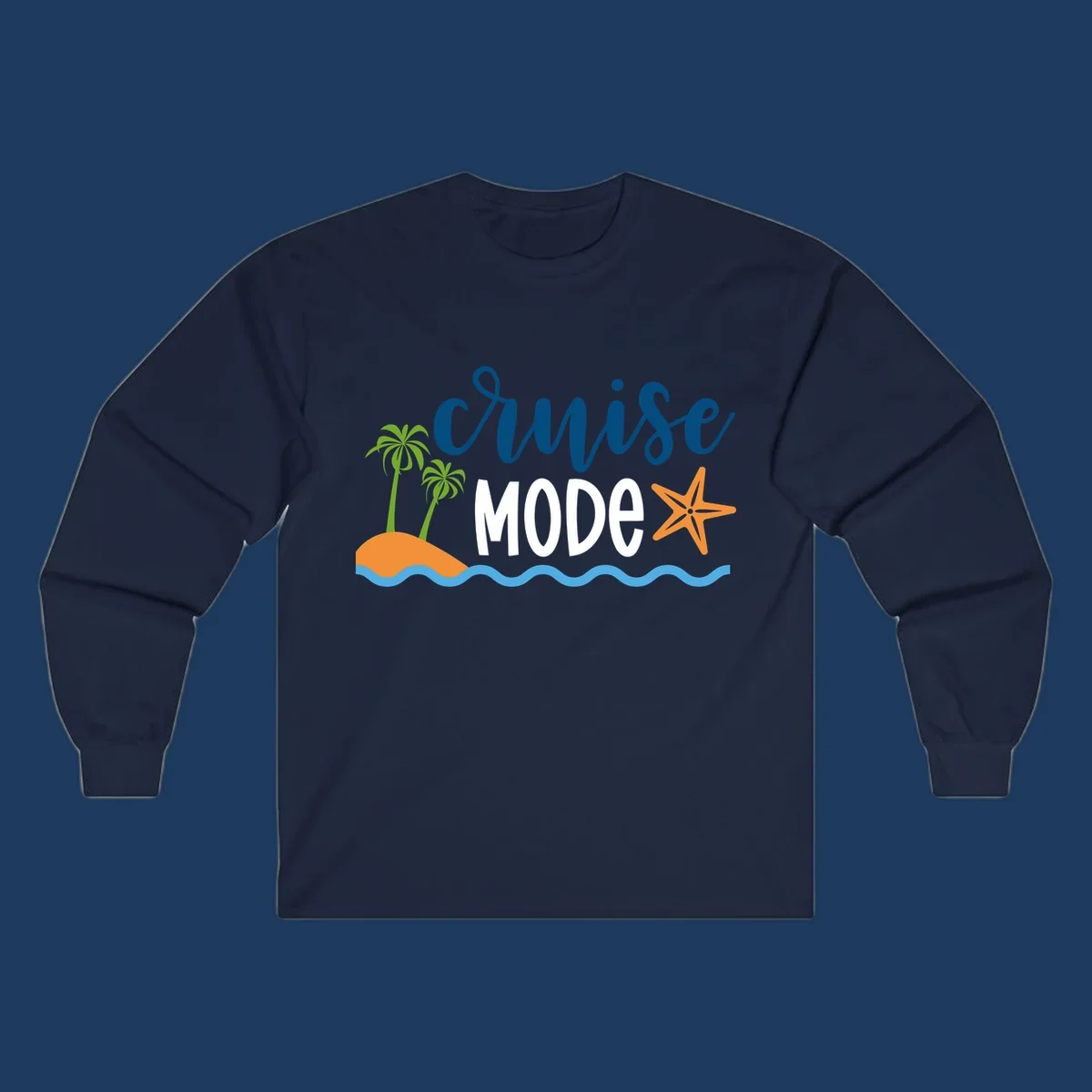 Cruise mode tropical beach design with palm trees, starfish, and ocean waves in blue, white, and orange