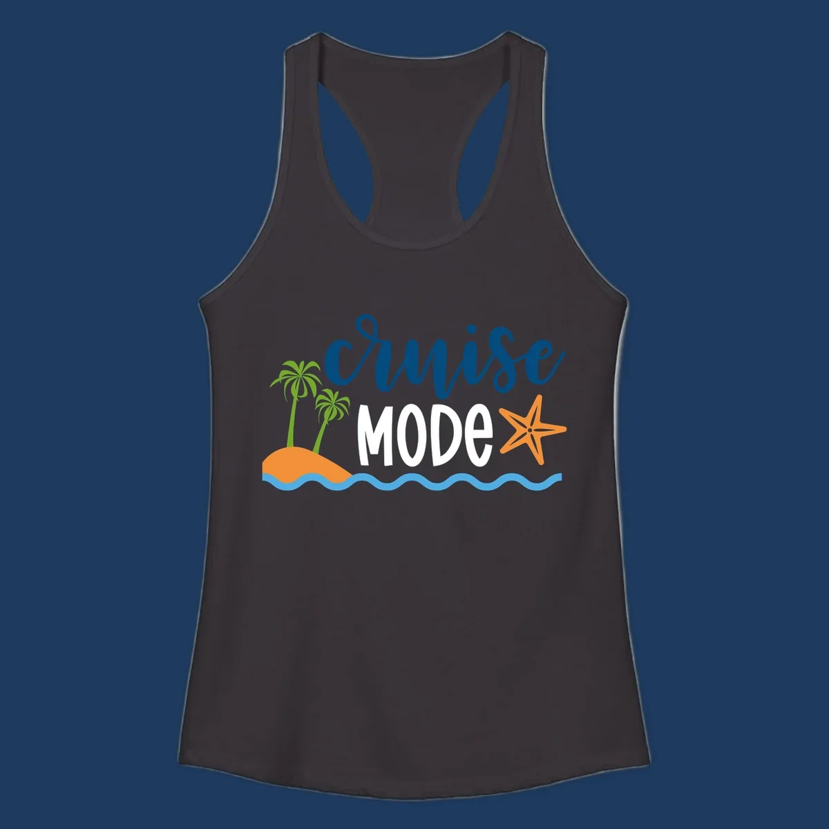 Cruise mode tropical beach design with palm trees, starfish, and ocean waves in blue, white, and orange