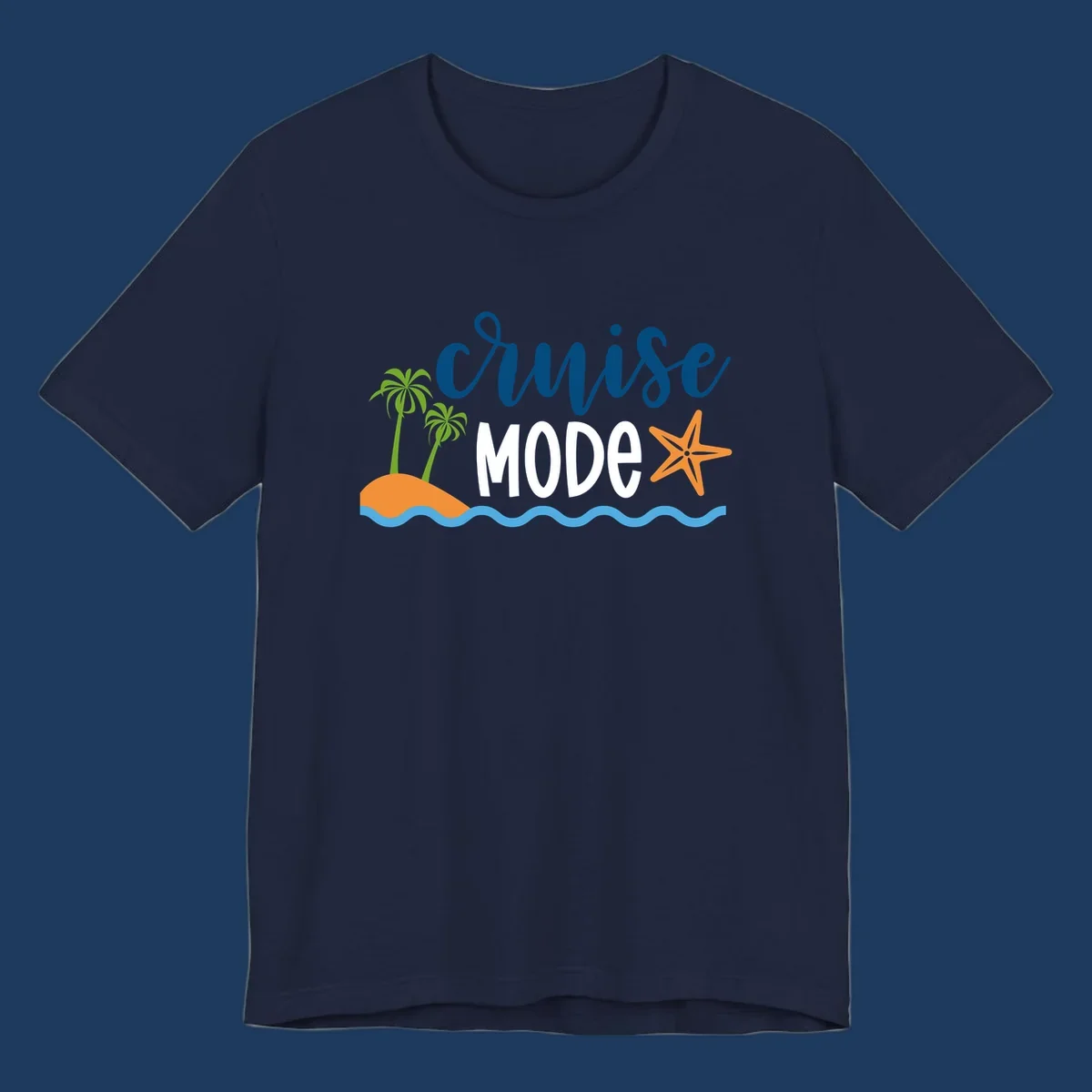 Cruise mode tropical beach design with palm trees, starfish, and ocean waves in blue, white, and orange