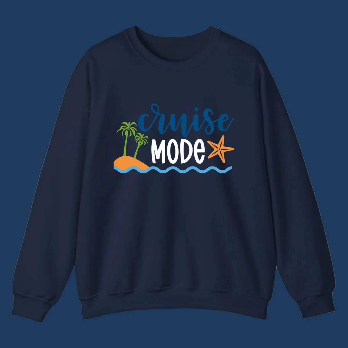 Cruise mode tropical beach design with palm trees, starfish, and ocean waves in blue, white, and orange