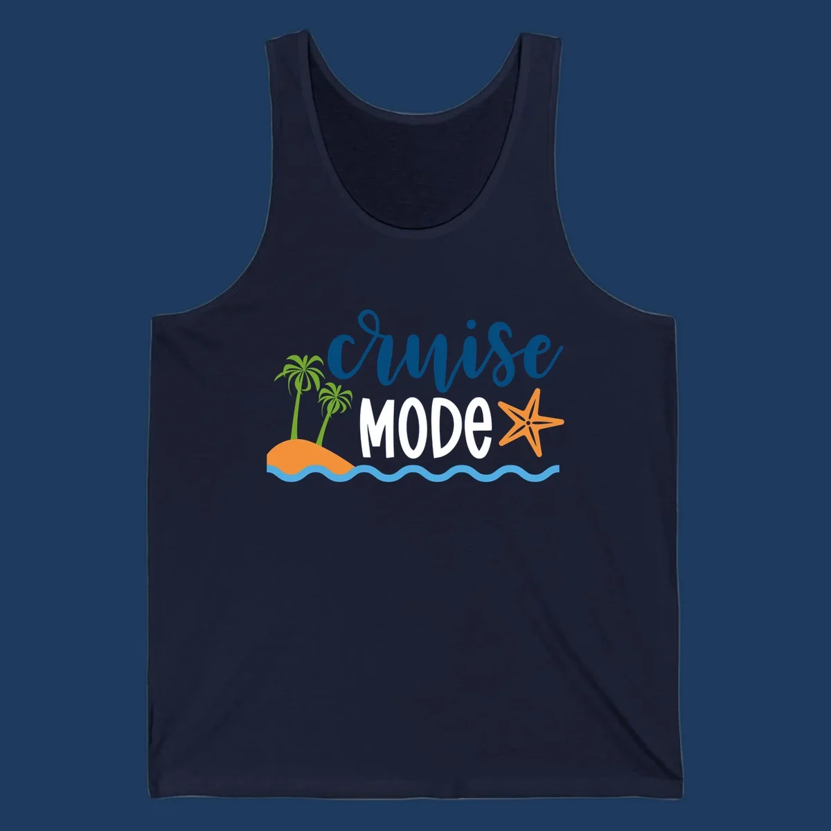 Cruise mode tropical beach design with palm trees, starfish, and ocean waves in blue, white, and orange