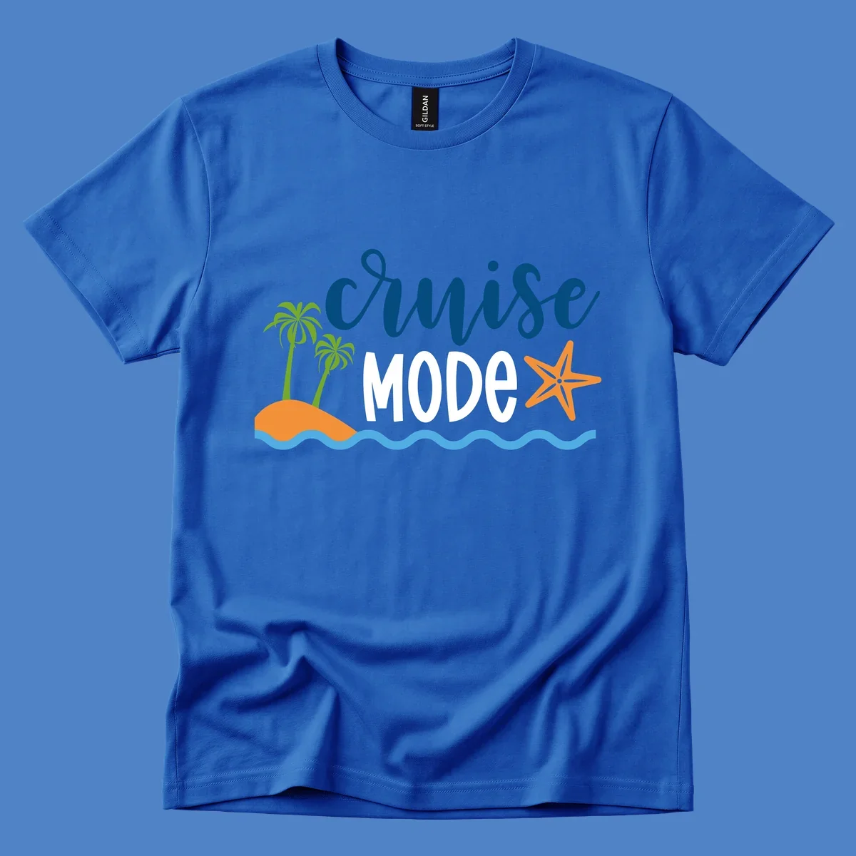 Cruise mode tropical beach design with palm trees, starfish, and ocean waves in blue, white, and orange