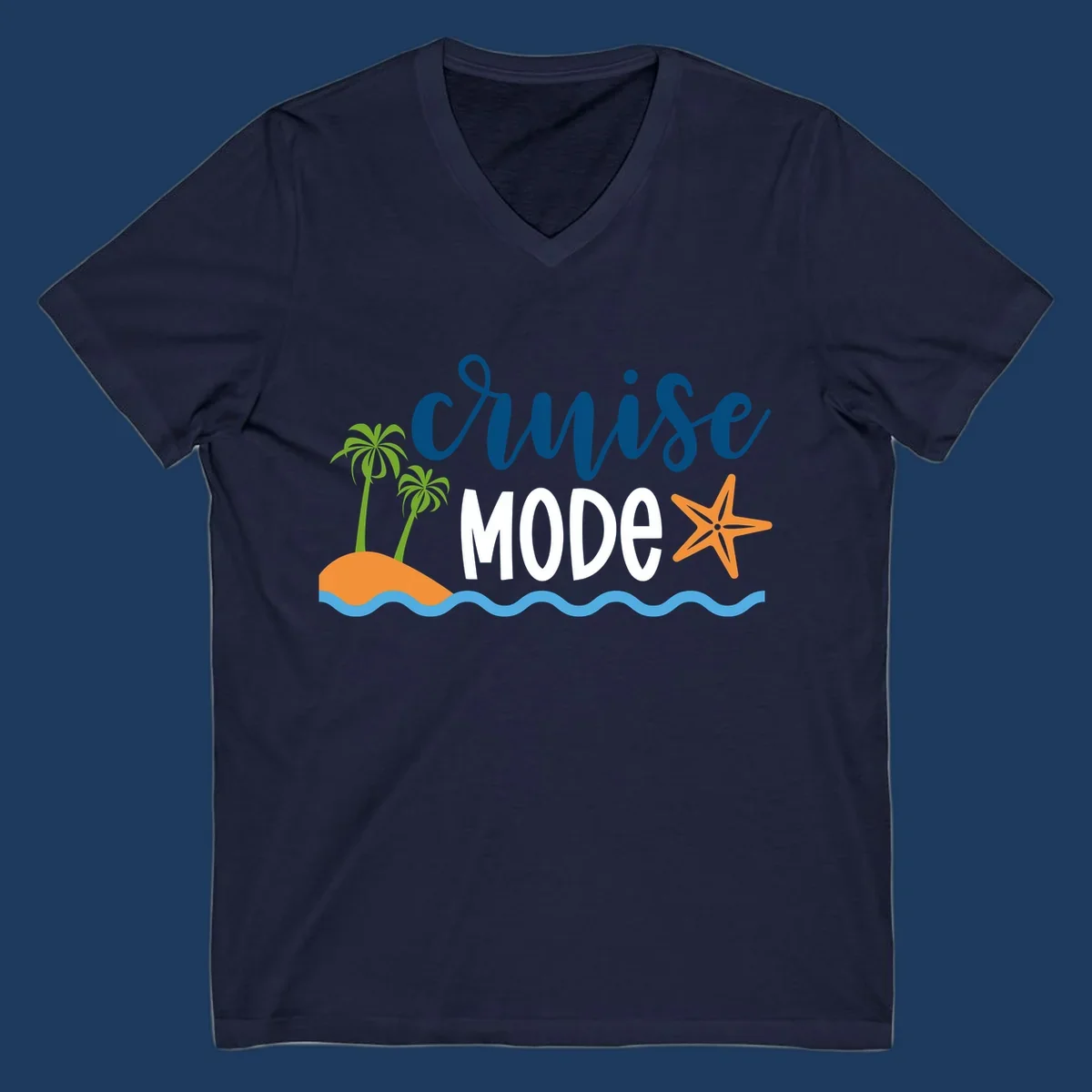 Cruise mode tropical beach design with palm trees, starfish, and ocean waves in blue, white, and orange