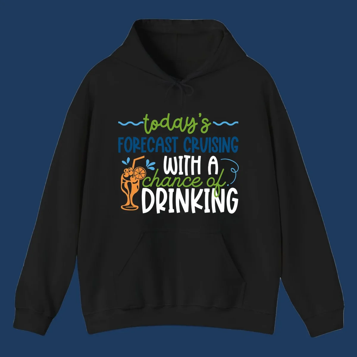 Forecast cruising with a chance of drinking design featuring tropical cocktail and citrus graphics with colorful weather-themed text