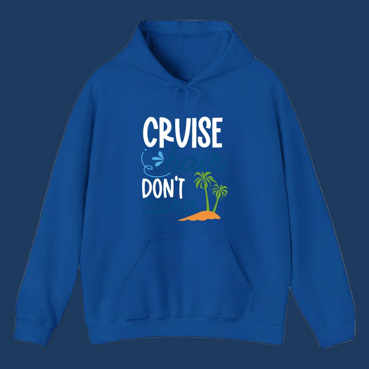 Cruise hair don't care design with palm trees and island graphic in blue, white, green and orange