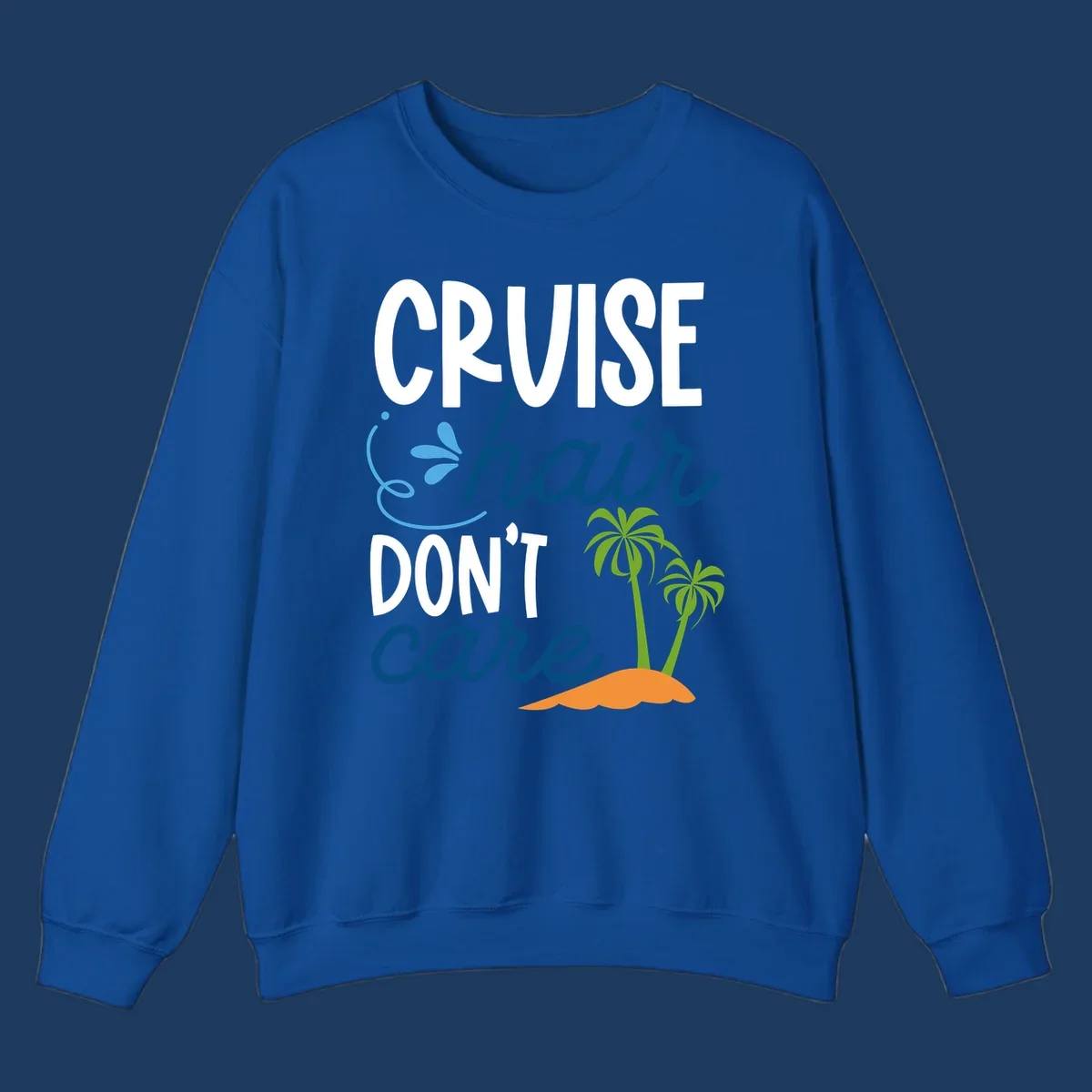 Cruise hair don't care design with palm trees and island graphic in blue, white, green and orange