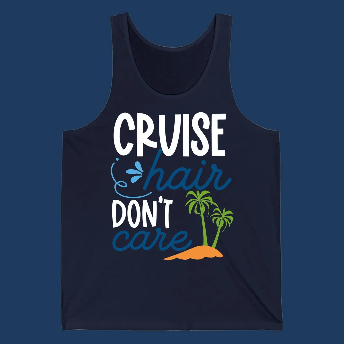 Cruise hair don't care design with palm trees and island graphic in blue, white, green and orange