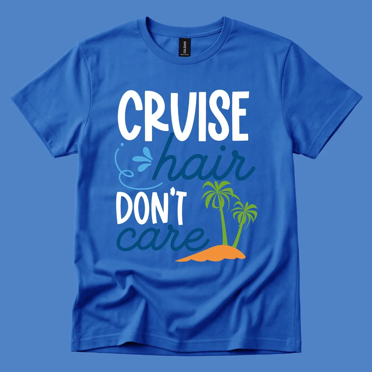 Cruise hair don't care design with palm trees and island graphic in blue, white, green and orange